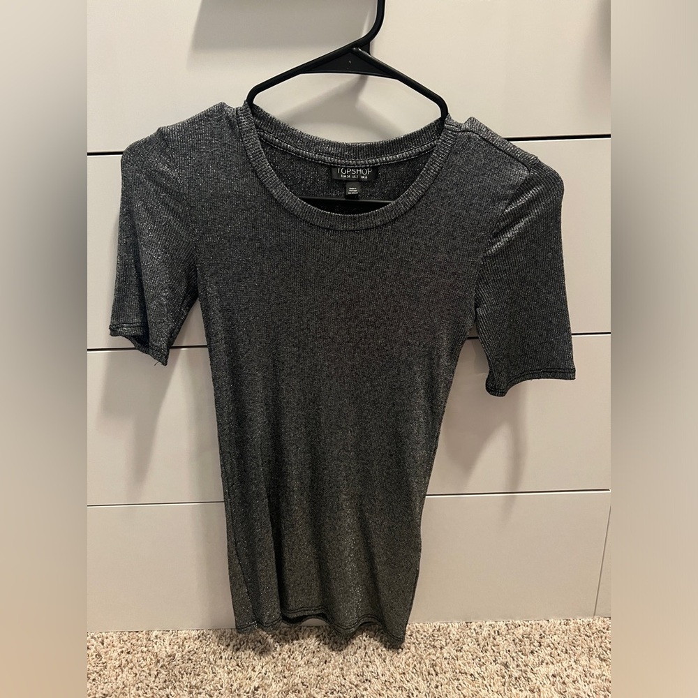 Top Shop Bodycon Sparkly Silver Shirt
